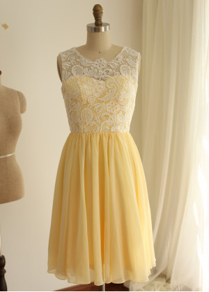 Ivory Lace Yellow Chiffon Popular Short Prom Dress